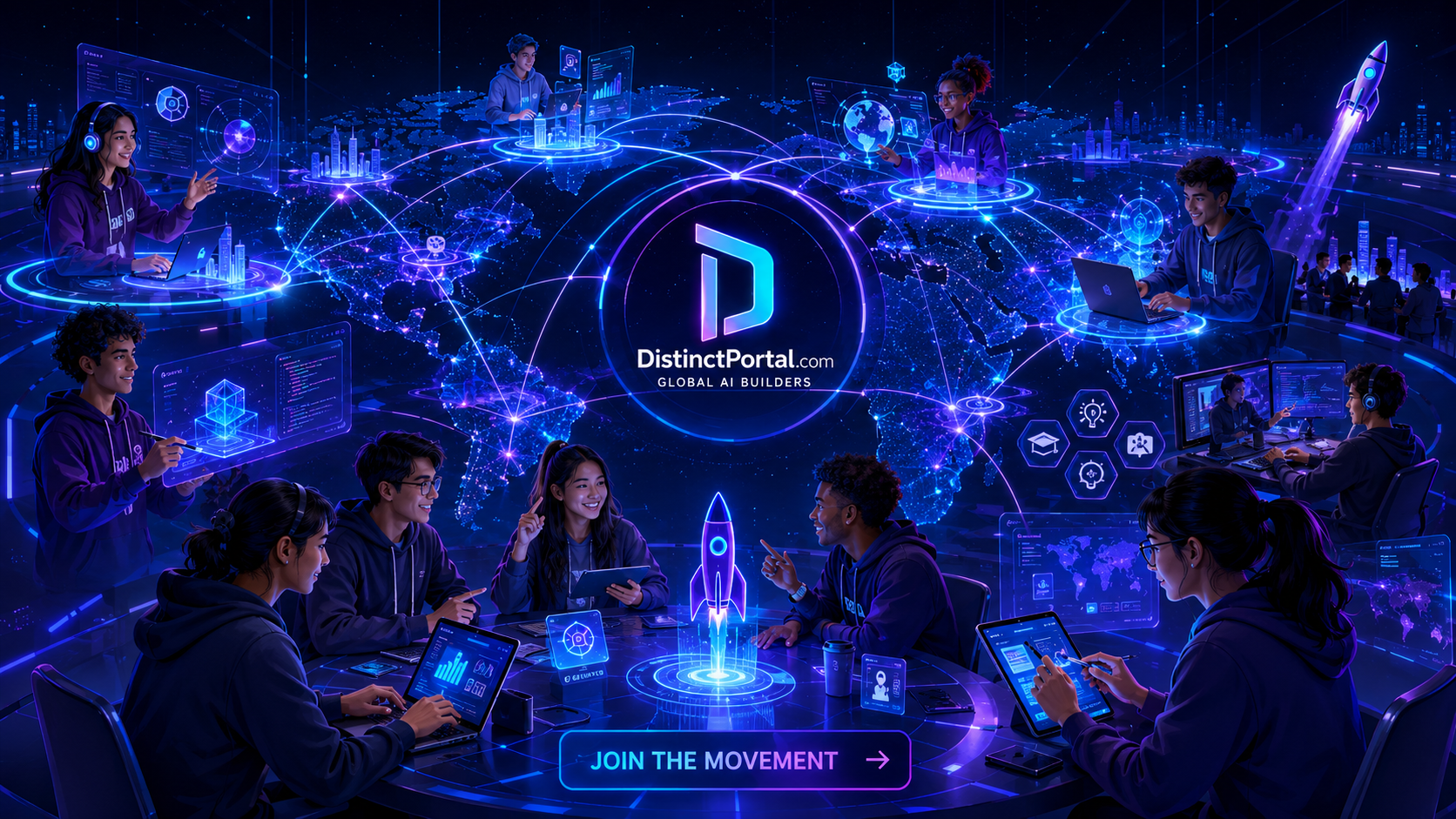 Worldwide network of young AI builders collaborating across connected hubs